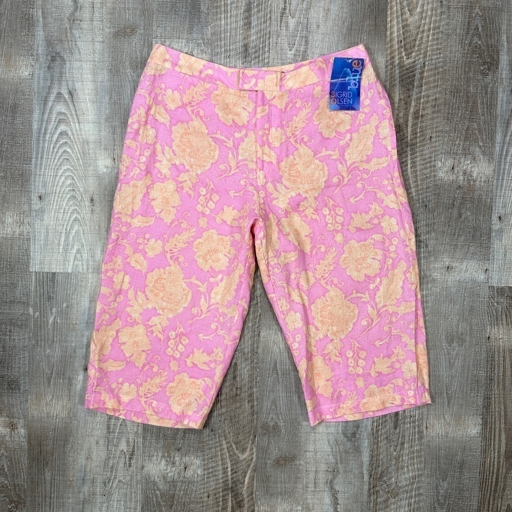 NWT SO Blue 100% Linen Pants Women's Sz 14 Orange Pink Floral Shorts Vintage
